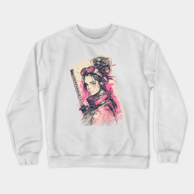 Samurai Girl Pink Cyber Sketch Art Crewneck Sweatshirt by Vlaa